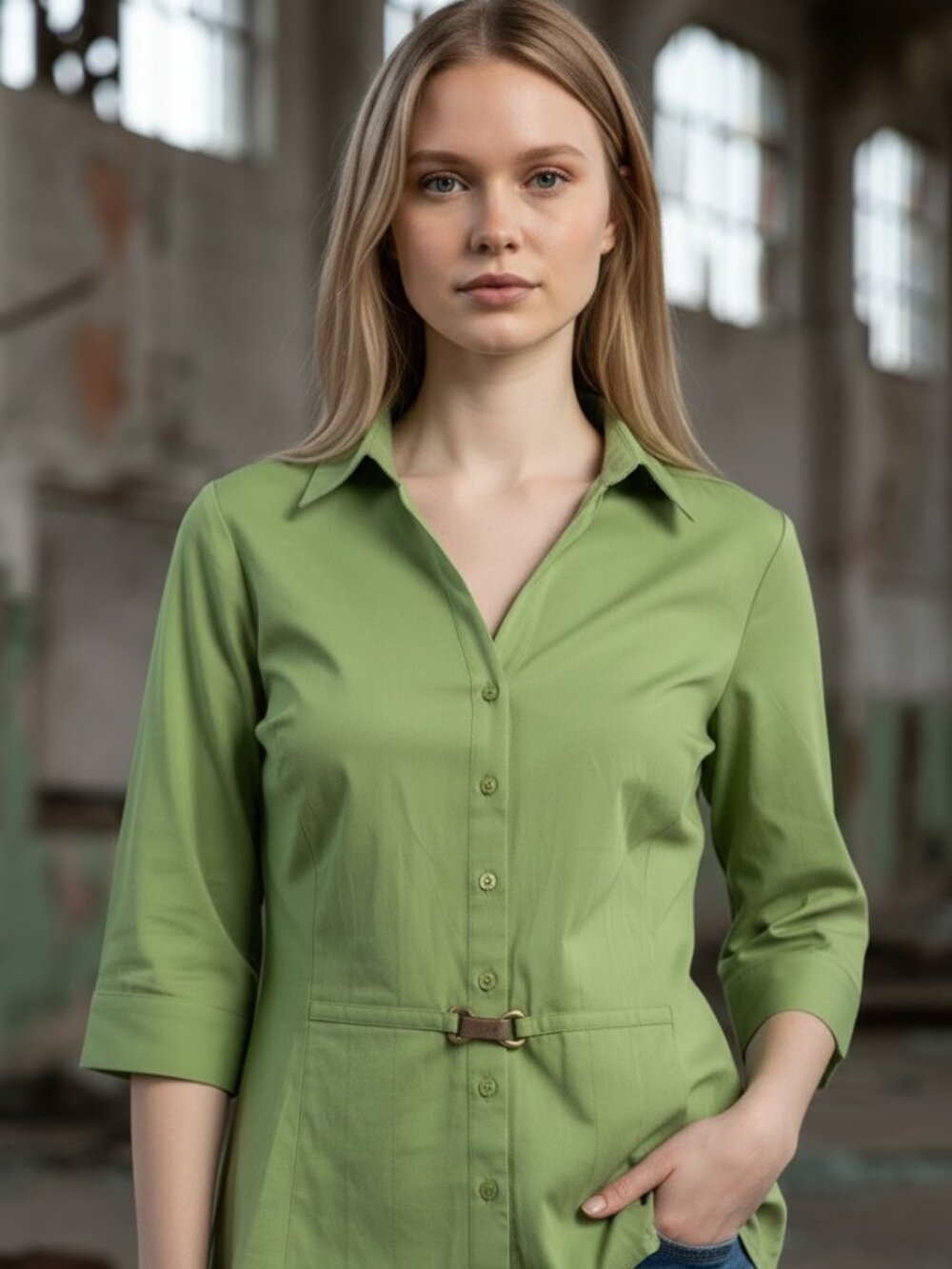 Style & Co. Green 3/4-Sleeves Stretch Button-Down Blouse Size 14